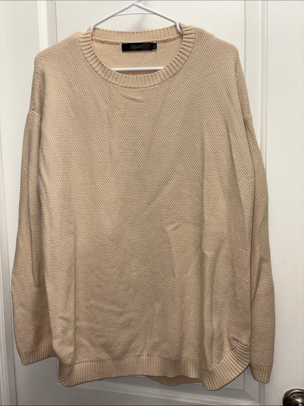 LEANI Beige Textured Knit Crew Neck Sweater XL Women’s Oversized Hi-Low Hem - Picture 3 of 9